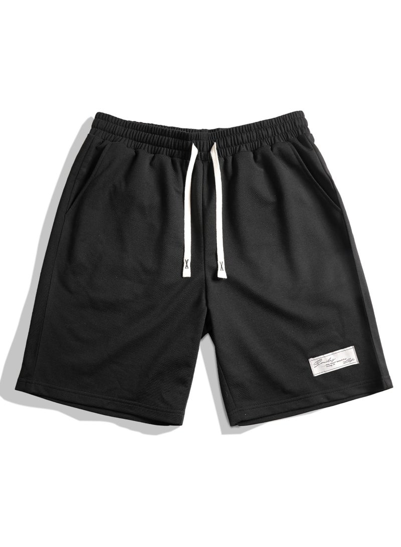 Men's Black Casual Sweatshorts Elastic Waist Drawstring Half Pants with Woven Patch - Image 5